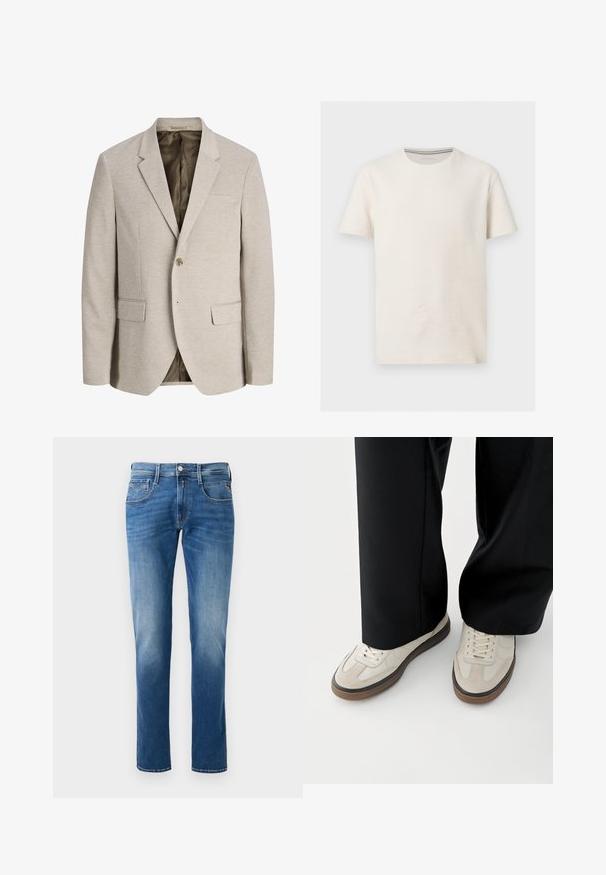 Beiger Herrenblazer mit Kerb-Revers, Ein-Knopf-Verschluss, zwei vorderen Pattentaschen und dunklem Innenfutter.; Kurzärmeliges, elfenbeinfarbenes, strukturiertes Baumwoll-T-Shirt mit Rundhalsausschnitt und dezentem Logo auf der linken Brust, auf grauem Hintergrund gezeigt.; Herren Jeans aus blauem Denim mit einem verwaschenen Finish, gerader Beinschnitt, fünf Taschen und einem Knopfverschluss vorne. Genähte Akzente an den Taschen.; Füße mit beigen Sneakers mit braunen Sohlen und schwarzen Hosen mit weitem Bein auf weißem Hintergrund.