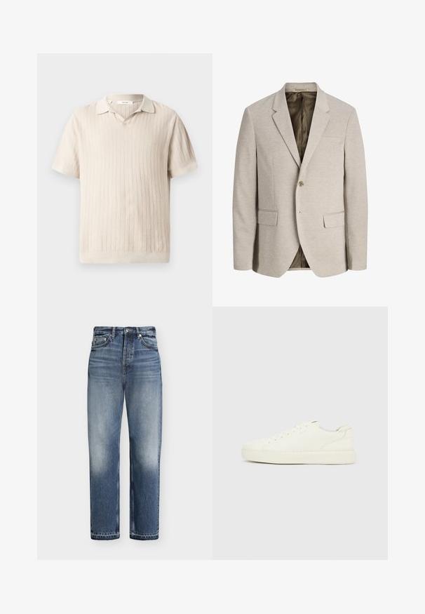 Blazer beige pour homme avec revers à crans, fermeture simple bouton, deux poches avant avec rabat, et doublure intérieure foncée.; Polo en tricot beige à manches courtes avec un motif côtelé vertical texturé et un petit col.; Jean bleu taille haute à jambes droites avec des détails délavés, poches avant, fermeture par bouton et passants de ceinture sur fond blanc.; Baskets basses blanches avec laçage à l'avant, dessus en cuir lisse et semelle épaisse en caoutchouc, vues de côté extérieur sur un fond uni.
