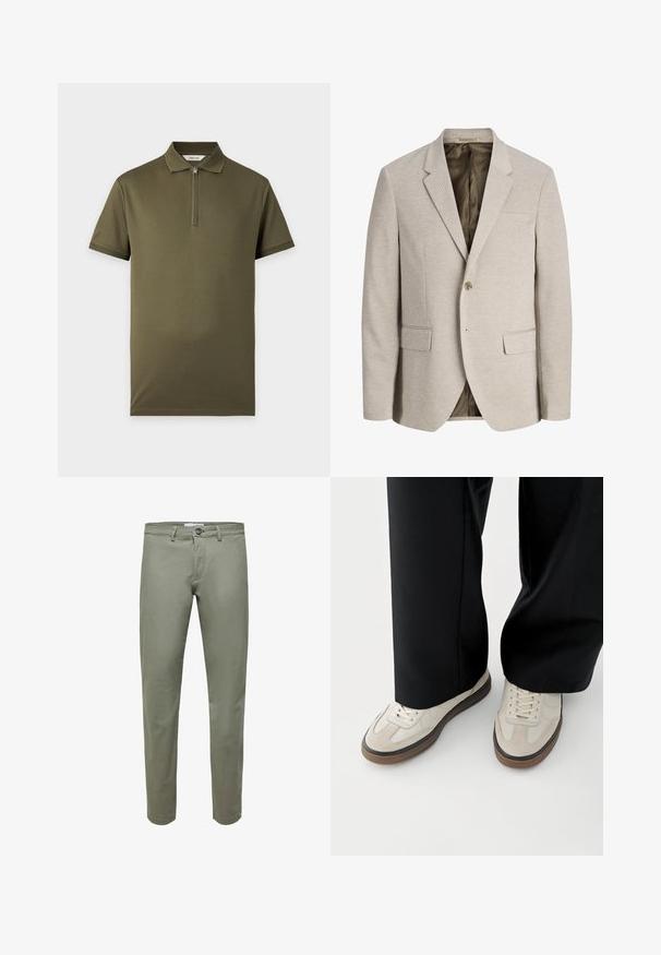 Blazer beige pour homme avec revers à crans, fermeture simple bouton, deux poches avant avec rabat, et doublure intérieure foncée.; Polo vert olive à manches courtes avec col zippé, poignets côtelés et sans motifs ni logos visibles, présenté sur un fond uni.; Pantalon vert olive clair en coton, avec une coupe droite, fermeture à bouton et passants pour ceinture, affichant une texture lisse et mate.; Pieds portant des baskets beige avec des semelles marron et un pantalon noir à jambes larges sur fond blanc.