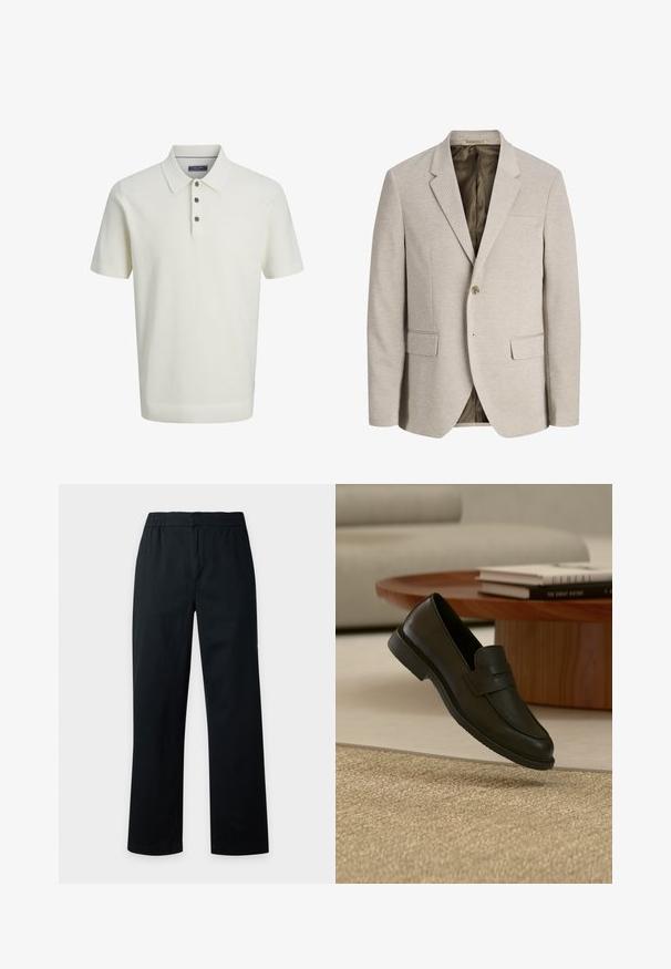 Blazer beige pour homme avec revers à crans, fermeture simple bouton, deux poches avant avec rabat, et doublure intérieure foncée.; Polo blanc à manches courtes texturé avec trois boutons sombres et un col classique, présenté sur un fond clair uni.; Pantalon noir droit avec taille élastique, sans poches visibles ni décorations, présenté sur un fond clair uni.; Chaussure mocassin en cuir noir présentée en suspension au-dessus d'un tapis beige tissé, avec une table en bois et des livres empilés dans un salon doucement éclairé.