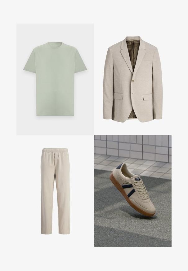 Blazer beige pour homme avec revers à crans, fermeture simple bouton, deux poches avant avec rabat, et doublure intérieure foncée.; T-shirt vert clair à manches courtes et col rond avec une texture subtile de rayures horizontales, présenté sur un fond neutre.; Pantalon beige à taille élastique, à jambe droite, avec des coutures visibles sur les coutures et sans ornements ni poches supplémentaires.; Baskets beiges avec une finition texturée, bandes navy et semelle en caoutchouc. Équipées d'une languette rembourrée et d'un système de laçage traditionnel pour un maintien sécurisé.
