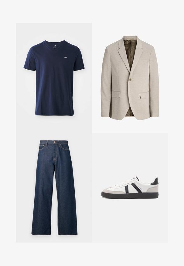 Blazer beige pour homme avec revers à crans, fermeture simple bouton, deux poches avant avec rabat, et doublure intérieure foncée.; T-shirt en coton bleu marine avec un col en V, des manches courtes et un petit logo brodé sur la poitrine. Texture douce et design décontracté.; Jean à jambes larges en denim foncé avec surpiqûres orange, doté de cinq poches, d'une fermeture à boutons sur le devant et d'une silhouette droite.; Baskets blanches avec des accents noirs et gris, présentant un embout texturé gris, une semelle en caoutchouc noir et des lacets plats blancs. Design épuré, style minimaliste.