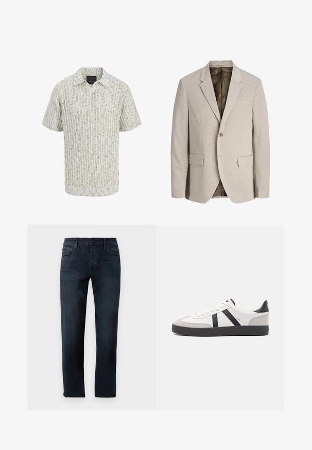 Blazer beige pour homme avec revers à crans, fermeture simple bouton, deux poches avant avec rabat, et doublure intérieure foncée.; Polo en maille à manches courtes couleur crème, motif moucheté et texture côtelée, petit col et ouverture en V.; Jean bleu foncé, en denim, avec une coupe droite, une fermeture à bouton et zip à l'avant, et cinq poches.; Baskets blanches avec des accents noirs et gris, présentant un embout texturé gris, une semelle en caoutchouc noir et des lacets plats blancs. Design épuré, style minimaliste.