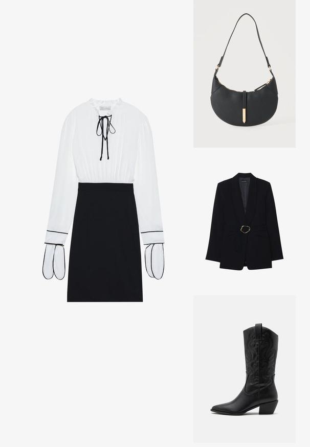 Zwarte op maat gemaakte blazer met een sjawl kraag, een ceintuur in de taille met een goudkleurige metalen gesp en twee voorzakken. Gladde stofstructuur.; Witte blouse met een geplooide halslijn en trekkoord; zwarte fitted rok met contrasterende witte bies op de mouwen. Glad stoftextuur.; Zwarte leren cowboylaars met een spitse neus, gegraveerde draaiende patronen en een halfhoge hak. Voorzien van een trekhaak voor gemakkelijk aan- en uittrekken.; Zwarte handtas in halve maanvorm met een enkele band, gouden rits en een gouden rechthoekige decoratieve tab aan de voorkant.