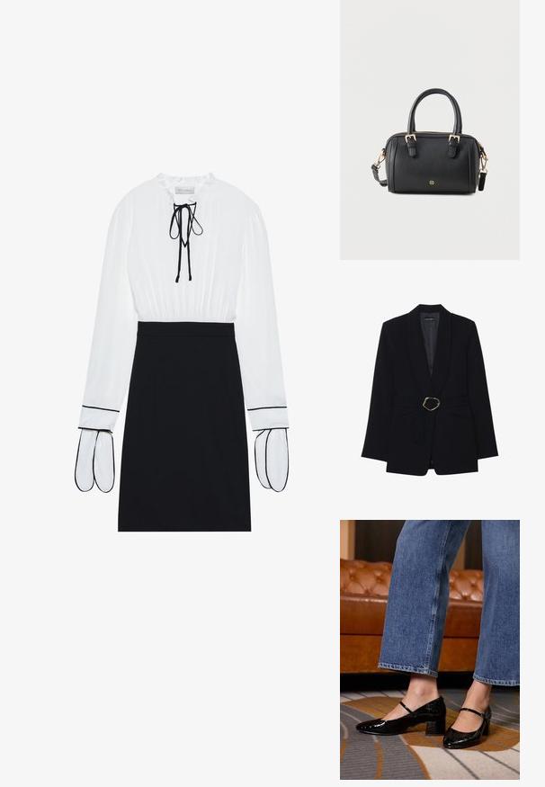 Schwarzer taillierter Blazer mit Schalkragen, taillierter Taille mit einer goldfarbenen Metallschnalle und zwei vorderen Taschen. Glatte Stoffstruktur.; Weiße Bluse mit gerafftem Ausschnitt und Kordelzug; schwarze, taillierte Rock mit kontrastierendem weißen Piping an den Ärmeln. Glatte Stoffstruktur.; Schwarze Lackleder-Pumps mit spitzem Zehenbereich, Blockabsatz und Knöchelriemen, getragen mit weit geschnittenen Jeans auf einem gemusterten Teppich.; Schwarze Ledertasche mit doppelten Griffen, goldenen Schnallen, abnehmbarem Schulterriemen und kleinem rundem goldenen Emblem auf der Vorderseite.