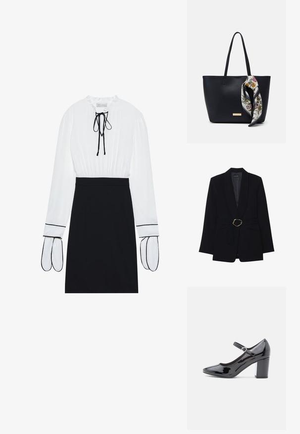 Sort skræddersyet blazer med sjalskrave, belte i taljen med en guldfarvet metalspænde og to forlommer. Glat stofstruktur.; Hvid bluse med en samlet halsudskæring og snøre; sort tætsiddende nederdel med kontrasterende hvid piping på ærmerne. Glat stoffets tekstur.; Sorte patenterede læder højhælede sko med rund tå, ankelrem og blok hæl. Skinnende overflade med en glat tekstur.; Sort læder tote taske med to skulderremme, prydet med et blomsterprint silkeslør bundet om håndtaget og en metallisk logo detalje på forsiden.