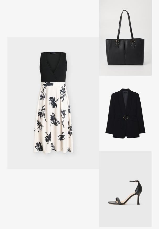Schwarzer taillierter Blazer mit Schalkragen, taillierter Taille mit einer goldfarbenen Metallschnalle und zwei vorderen Taschen. Glatte Stoffstruktur.; Schwarzes ärmelloses Kleid mit Wickeloberteil und einem fließenden beigen Rock mit schwarzen Blumenmustern. Glatter Stoff mit enganliegendem Oberteil.; Schwarze Leder-High-Heel-Sandale mit dünnem Knöchelriemen, offener Zehenpartie und einem eleganten, geschwungenen Absatz. Strukturiertes Sohlenprofil und minimalistisches Design.; Schwarze Handtasche aus Kunstleder mit strukturierter Oberfläche, zwei langen Tragegriffen und goldfarbenen Hardware-Details an der Seite. Rechteckige Form.