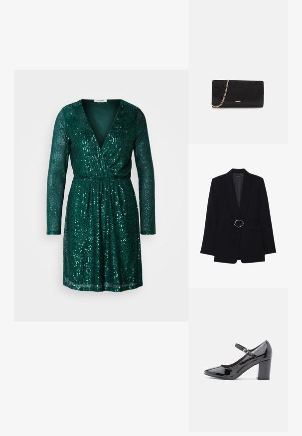 Veste noire ajustée avec un col châle, taille ceinturée dotée d'une boucle en métal doré et deux poches avant. Texture de tissu lisse.; Robe en sequins verts avec des manches longues, un décolleté en V profond et une taille élastique. Texturée avec des sequins brillants disposés verticalement.; Chaussure à talon haut en cuir verni noir avec un bout rond, une bride de cheville et un talon carré. Fini brillant avec une texture lisse.; Porte-monnaie noir en daim avec une finition texturée, doté d'une chaîne dorée et d'un design épuré et angulaire.