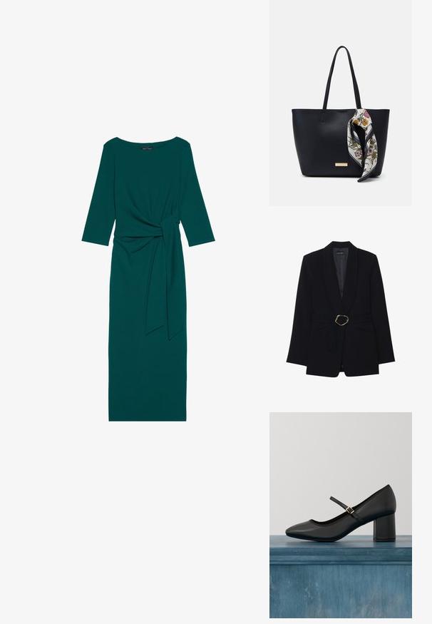 Zwarte op maat gemaakte blazer met een sjawl kraag, een ceintuur in de taille met een goudkleurige metalen gesp en twee voorzakken. Gladde stofstructuur.; Teal lange mouw jurk met een ronde halslijn, geplooide taille en gestrikt riemdetail. Gemaakt van glad, rekbaar materiaal.; Zwarte Mary Jane-schoen met blokhak en gouden gesp, zwevend boven een gladde betonnen vloer in een minimalistische binnenomgeving.; Zwarte leren tote bag met twee schouderriemen, voorzien van een zijden sjaal met bloemenprint die aan de handgreep is geknoopt en een metallic logo-accent aan de voorkant.