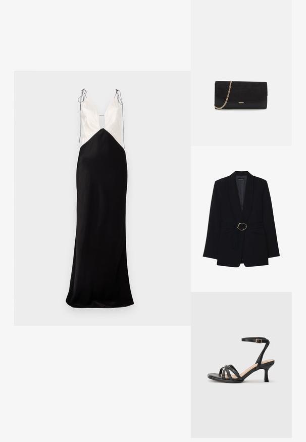 Blazer negro entallado con cuello de chal, cintura con cinturón que presenta una hebilla de metal en tono dorado y dos bolsillos frontales. Textura de tela suave.; Vestido largo sin mangas con una falda de satén negra y un top crema, con escote en V y detalles decorativos de lazo en los hombros.; Sandalias negras de tacón alto con múltiples tiras finas en la parte delantera, una sola tira en el tobillo con un hebilla dorada y punta cuadrada.; Bolso de mano negro hecho de ante con un acabado texturizado, que presenta una cadena dorada y un diseño elegante y angular.