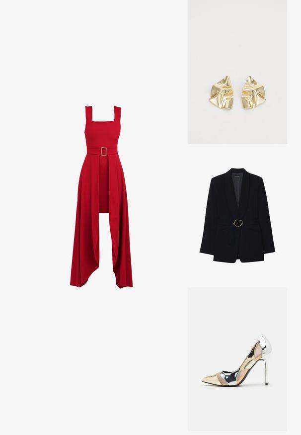 Sort skræddersyet blazer med sjalskrave, belte i taljen med en guldfarvet metalspænde og to forlommer. Glat stofstruktur.; Rød kjole med firkantet udskæring, tætsiddende overdel, bredt bælte med rectangular spænde og en flydende, plisseret nederdel der hænger.; Spidse højhælede sko med et farveskema i sølv, guld og nude. Blank finish med udskæringsdesign, der har en stilletto hæl.; Guldmetalløreringe med et bølget design; glat, reflekterende overflade; asymmetrisk form; ingen synlige mønstre eller hardware.
