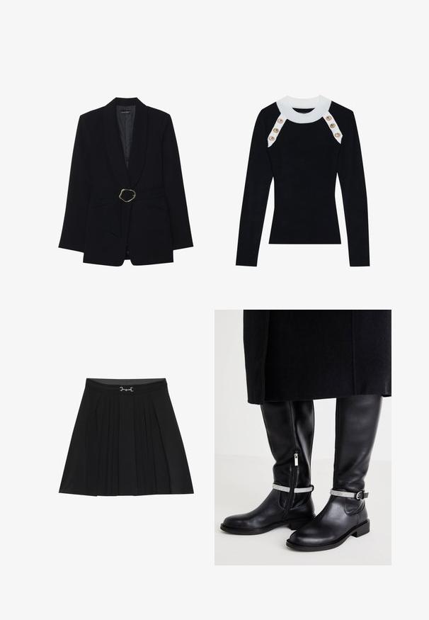Sort skræddersyet blazer med sjalskrave, belte i taljen med en guldfarvet metalspænde og to forlommer. Glat stofstruktur.; Sort ribbet langærmet top med en hvid krave og guldknapdetaljer på skuldrene. Glat tekstur, tætsiddende design.; Sorte plisseret nederdel med en tætsiddende talje og sølvdetaljer. Fremstillet af et glat materiale, har den lodrette plisseringer og en udstyret form.; Sorte læderknæhøje støvler med en sidelukning, der har et sølvfarvet accentbånd om anklen og en lav blokhæl.