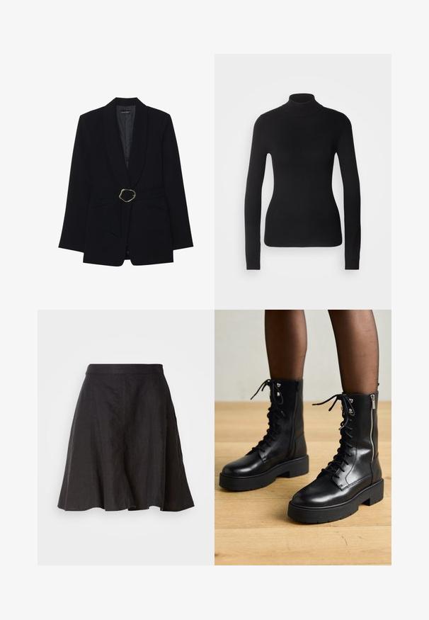 Zwarte op maat gemaakte blazer met een sjawl kraag, een ceintuur in de taille met een goudkleurige metalen gesp en twee voorzakken. Gladde stofstructuur.; Zwarte coltrui gemaakt van lichte brei stof. Heeft lange mouwen, een aansluitend design en een zachte ribbeltextuur.; Zwarte linnen rok met een uitlopende ontwerp, voorzien van een tailleband en naden. De stof heeft een licht gestructureerde afwerking en valt tot op de knie.; Zwarte leren veterschoenen met chunky zolen, zijrits en metalen oogjes. Gladde afwerking met variërende textuur op de schacht.
