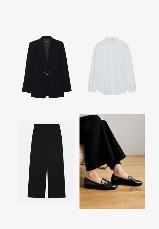 Sort skræddersyet blazer med sjalskrave, belte i taljen med en guldfarvet metalspænde og to forlommer. Glat stofstruktur.; Hvid langærmet skjorte med knapper lavet af et glat stof, med en klassisk krave, to forlommer og sammensnørede manchetter.; Breddebenede sorte bukser lavet af et glat stof. Har en flad talje med bæltestropper og ingen synlige lommer. Simpelt design.; Sorte læder loafers med firkantet tå og lille hæl, der har en dekorativ hardware i guldfarve på oversiden.