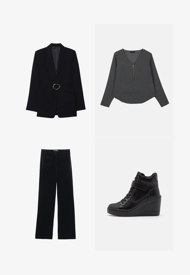 Sort skræddersyet blazer med sjalskrave, belte i taljen med en guldfarvet metalspænde og to forlommer. Glat stofstruktur.; Sort-hvide stribede langærmede trøje med v-hals og en midterskide. Stoffet ser glat ud, med en afslappet, let cropped pasform.; Sorte velour bredbukser med to baglommer og en glat tekstur, der har en lige skæring og syede afslutninger ved anklerne.; Sorte høje wedge sneakers lavet af glat læder, med snørebånd foran, justerbar rem og dekorative lynlåse.