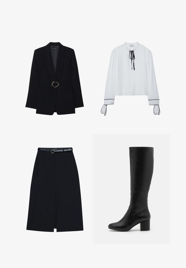 Veste noire ajustée avec un col châle, taille ceinturée dotée d'une boucle en métal doré et deux poches avant. Texture de tissu lisse.; Blouse blanche avec un col à volants, détail de cravate noire, et manches longues avec des accents noirs au niveau des poignets. Tissu lisse, coupe décontractée.; Jupe noire à mi-cuisse avec une fente frontale, fabriquée en tissu lisse. Comprend une fine ceinture noire avec une boucle en argent et des passants.; Bottes en cuir noir jusqu'aux genoux avec une texture lisse, un bout arrondi, un panneau latéral et un talon épais.