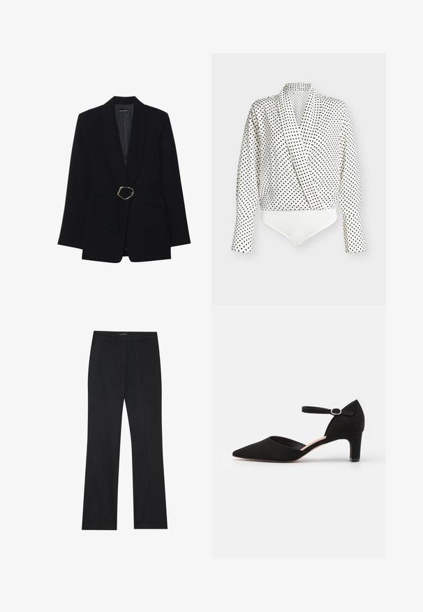 Sort skræddersyet blazer med sjalskrave, belte i taljen med en guldfarvet metalspænde og to forlommer. Glat stofstruktur.; Hvid bodystocking med lange ærmer og omslagsdesign med sort polkaprikket mønster, blødt stof og en glat hvid bundsektion.; Sorte bukser med lige snit, glat stof og uden synlige mønstre. Designet med klassiske forlommer og lynlås.; Sort ruskinds pumps med spids tå, ankelrem med cirkulær spænde og en lav blokhæl. Glat tekstur og minimalistisk design.
