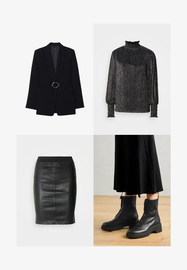 Zwarte op maat gemaakte blazer met een sjawl kraag, een ceintuur in de taille met een goudkleurige metalen gesp en twee voorzakken. Gladde stofstructuur.; Zwarte lange mouwen top met een hoge gerimpelde kraag, gestructureerde stof en verzamelde manchetten. Kenmerkt zich door een glinsterende, metallic afwerking met een relaxte pasvorm.; Zwarte kokerrok van soepel leer, met een elastische tailleband voor een aansluitende pasvorm en een minimalistisch ontwerp.; Zwarte leren enkelboots met een chunky platformzool en een rits aan de voorkant. Glad oppervlak met een minimalistisch ontwerp.