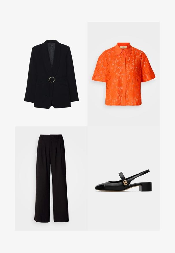 Zwarte op maat gemaakte blazer met een sjawl kraag, een ceintuur in de taille met een goudkleurige metalen gesp en twee voorzakken. Gladde stofstructuur.; Oranje kanten blouse met korte mouwen, design met kraag en sluiting met knopen. Voorzien van een gestructureerd bloemenpatroon en een effen oranje kraag.; Zwarte wijde broek van soepel stof, met plooien aan de voorkant, een aansluitende tailleband en zonder zichtbare patronen of accenten.; Zwarte leren slingback schoen met een ronde neus, met een glanzende voorkant en een gouden accent op de band, bevestigd met een kleine blokhak.