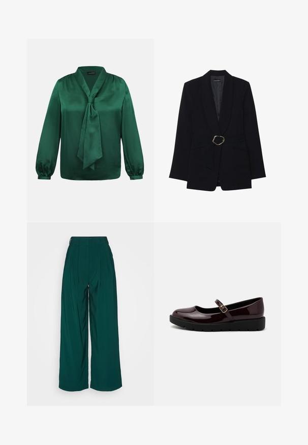 Veste noire ajustée avec un col châle, taille ceinturée dotée d'une boucle en métal doré et deux poches avant. Texture de tissu lisse.; Blouse en satin vert émeraude à manches longues avec un nœud noué au col, présentant de légers fronces aux épaules et aux poignets.; Pantalons évasés en tissu vert foncé, dotés d'une taille haute, d'un devant plissé et d'une texture lisse. Pas de matériel ou de motifs visibles.; Chaussures Mary Jane vernies bordeaux avec un bout arrondi, une sangle à boucle réglable et une semelle plateforme texturée noire.