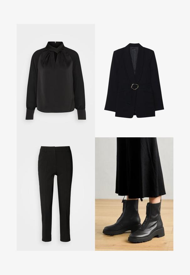 Zwarte op maat gemaakte blazer met een sjawl kraag, een ceintuur in de taille met een goudkleurige metalen gesp en twee voorzakken. Gladde stofstructuur.; Zwart satijnen blouse met een hoge kraag, geplooide details bij de hals en lange mouwen met aansluitende manchetten. Soepele textuur, minimalistisch ontwerp.; Zwarte op maat gemaakte broeken met een slim fit, rechte voorkant en geen zichtbare zakken, met een gladde textuur en een nette afwerking aan de zoom.; Zwarte leren enkelboots met een chunky platformzool en een rits aan de voorkant. Glad oppervlak met een minimalistisch ontwerp.