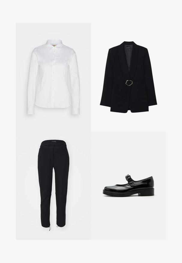 Zwarte op maat gemaakte blazer met een sjawl kraag, een ceintuur in de taille met een goudkleurige metalen gesp en twee voorzakken. Gladde stofstructuur.; Witte langwerpige blouse met knopen en een brede kraag, gemaakt van een gladde katoenstof met een afgeronde zoom. De stof heeft een lichte glans.; Zwarte broek met een gladde textuur, met een slimfit ontwerp, elastische tailleband, twee zakken en verstelbare manchetten met trekkoorden.; Zwarte lakleren Mary Jane-schoen met een ronde neus, lage blokhak en een verstelbare gespsluiting over de wreef.