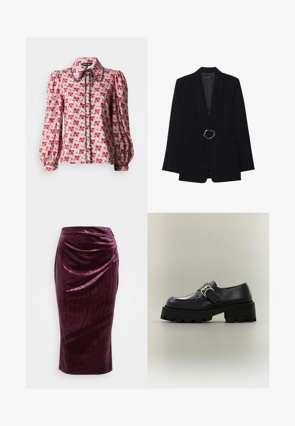 Sort skræddersyet blazer med sjalskrave, belte i taljen med en guldfarvet metalspænde og to forlommer. Glat stofstruktur.; Blomstret bluse i pink stof med røde og grønne blomstermønstre. Puffærmer, krave og knaplukning foran med kontrastdetaljer.; Burgunderfløjl blyantkjole med et draperet design og glat tekstur; har en høj talje og en snæver silhuet, der ender ved knæet.; Sort læderloafer med chunky sål og sølvspænde, fotograferet mod en ensartet lys grå baggrund.