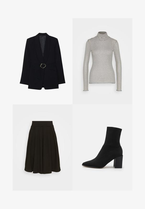 Veste noire ajustée avec un col châle, taille ceinturée dotée d'une boucle en métal doré et deux poches avant. Texture de tissu lisse.; Anna Field by Zalando T-shirt à manches longues - beige/black; Jupe plissée noire avec une large ceinture élastique. Fabriquée dans un tissu doux, elle présente un ourlet à mi-genoux et une texture lisse.; Bottines noires en tissu extensible, à bout pointu et talon carré, avec une bordure côtelée en haut.