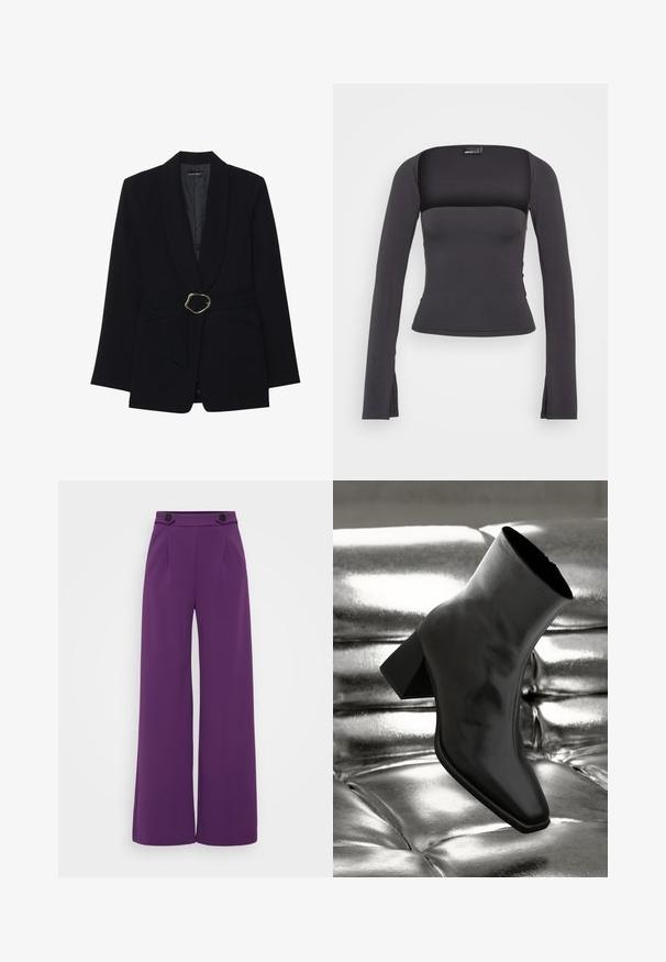 Sort skræddersyet blazer med sjalskrave, belte i taljen med en guldfarvet metalspænde og to forlommer. Glat stofstruktur.; Sort langærmet top med firkantet halsudskæring, tætsiddende silhuet og slidser i kanten. Fremstillet af et glat, strækbart stof.; Vibbrante purple bredde ben bukser lavet af glat stof, med en skræddersyet talje, der har to sorte knapper og frontfolder.; Sorte ankelstøvler lavet af glossy materiale med firkantet tå og spidse hæle, sat mod en skinnende sølv tuftet baggrund.