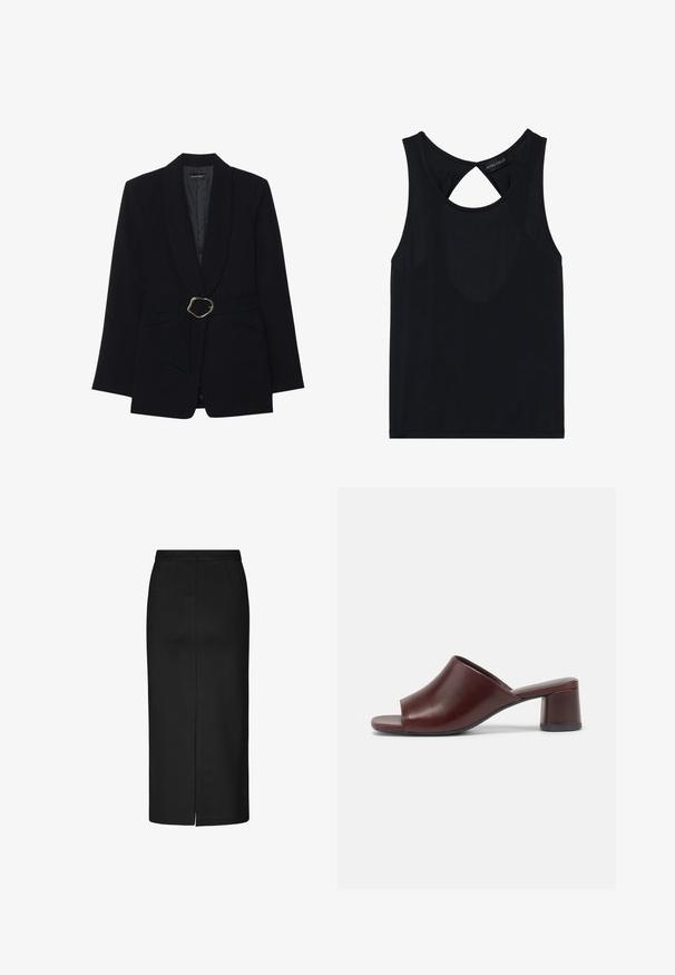 Zwarte op maat gemaakte blazer met een sjawl kraag, een ceintuur in de taille met een goudkleurige metalen gesp en twee voorzakken. Gladde stofstructuur.; Zwarte mouwloze top met een ronde hals, voorzien van een uitsnede aan de achterkant. Gemaakt van een gladde, rekbare stof. Eenvoudig ontwerp zonder patronen.; Zwarte kokerrok van soepel materiaal, met knielengte, subtiele zijschuif en nette stiksels. Geen zichtbare patronen of beslag.; Donkerbordeaux open-toe slid sandals gemaakt van soepel leer met een ronde vorm en een chunky hak voor stabiliteit. Zijaanzicht weergegeven.