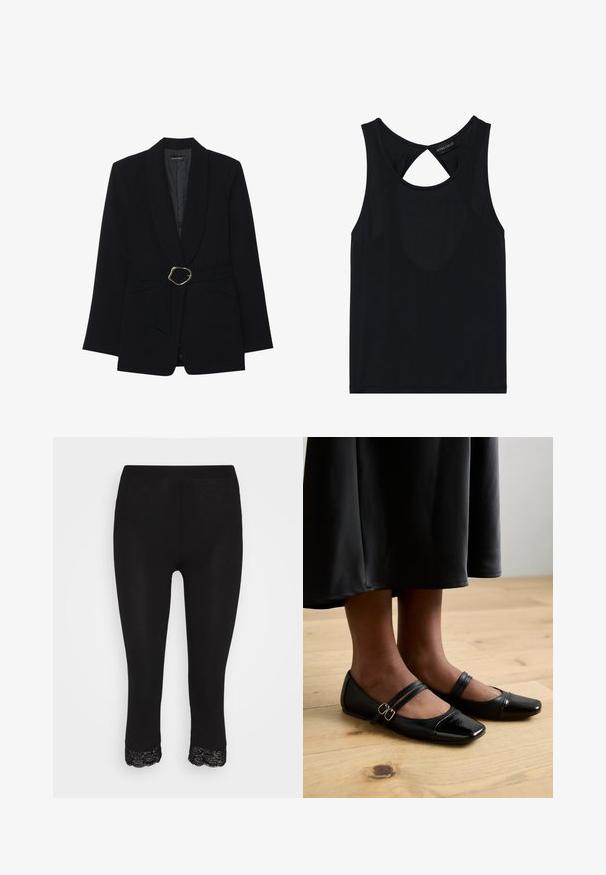 Sort skræddersyet blazer med sjalskrave, belte i taljen med en guldfarvet metalspænde og to forlommer. Glat stofstruktur.; Sort ærmeløs top med rund hals, der har et skåret detalje på bagsiden. Lavet af glat, strækbart stof. Simpelt design uden mønstre.; Sorte leggings med en tætsiddende pasform, der har en spidsdyret kant ved sømmen. Lavet af et glat, elastisk materiale for komfort og fleksibilitet.; Sorte laklæder flade sko med firkantet tå, der har to stropper med spænder. Sålerne er flade på et lyst trægulv.