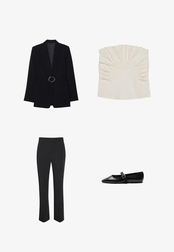 Sort skræddersyet blazer med sjalskrave, belte i taljen med en guldfarvet metalspænde og to forlommer. Glat stofstruktur.; Cremefarvet top med samlet stof, der har en rund halsudskæring og en glat tekstur. Designet inkluderer plisseringer langs kanterne.; Sorte, skræddersyede bukser med lige ben. Fremstillet af glat stof, med en taljeret linning i taljen og en diskret presning foran.; Sorte flade sko lavet af læder med spidse tæer, justerbar rem med metalspænde, glat tekstur og minimalistisk design.