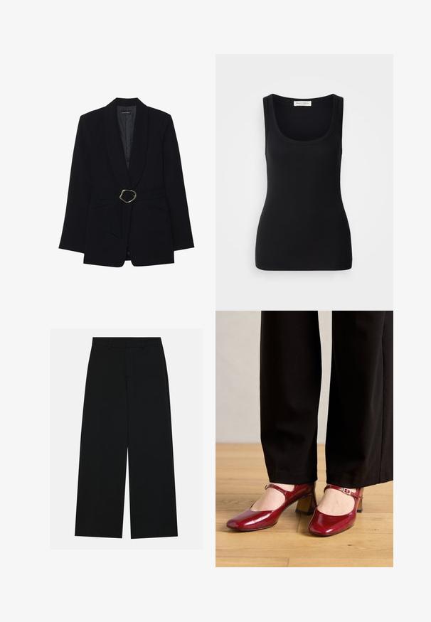 Sort skræddersyet blazer med sjalskrave, belte i taljen med en guldfarvet metalspænde og to forlommer. Glat stofstruktur.; Sort ribbet tanktop med rund halsudskæring, brede skulderstropper og en tætsiddende pasform. Label bagpå med teksten "Marc O'Polo."; Breddebenede sorte bukser lavet af et glat stof. Har en flad talje med bæltestropper og ingen synlige lommer. Simpelt design.; Røde patentlæder Mary Jane højhælede sko med firkantet tå, en rem over vristen og en lav blokhælt. Båret med sorte bukser.