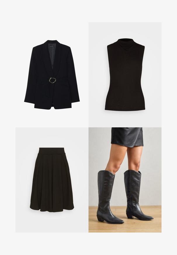 Zwarte op maat gemaakte blazer met een sjawl kraag, een ceintuur in de taille met een goudkleurige metalen gesp en twee voorzakken. Gladde stofstructuur.; Zwarte mouwloze coltop van ribbelstof, met een hoge hals en een aansluitende silhoët. Geen patronen of accenten.; Zwarte geplooide rok met een brede, elastische tailleband. Gemaakt van een zacht materiaal, met een knielange zoom en een gladde textuur.; Zwarte kniehoge laarzen van glad leer, met een puntige neus, lage blokhak en een ritssluiting aan de zijkant voor gemakkelijke aan- en uittrekking.