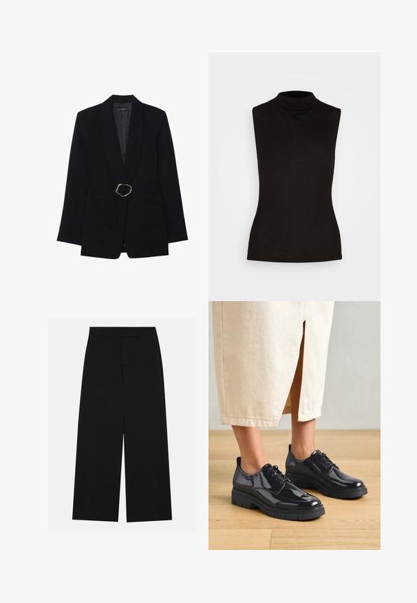 Sort skræddersyet blazer med sjalskrave, belte i taljen med en guldfarvet metalspænde og to forlommer. Glat stofstruktur.; Sort ærmeløs turtleneck-top i ribbet stof med høj hals og tætsiddende silhuet. Ingen mønstre eller detaljer.; Breddebenede sorte bukser lavet af et glat stof. Har en flad talje med bæltestropper og ingen synlige lommer. Simpelt design.; Sorte laklædersko med en tyk sort sål, der har snørebånd og rund tå, båret med en lys beige nederdel.