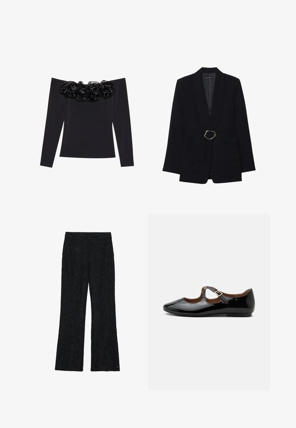 Sort skræddersyet blazer med sjalskrave, belte i taljen med en guldfarvet metalspænde og to forlommer. Glat stofstruktur.; Sort off-shoulder top med lange ærmer, der har en tekstureret blomsterkant i sort velour langs halsudskæringen.; Sorte blonderbukser med en flagrende design, der har et blomster mønster gennem stoffet. Glat tekstur med en tætsiddende talje.; Sort laklæder Mary Jane-flad sko med to udskæringer og en guldbuckelrem på hvid baggrund.