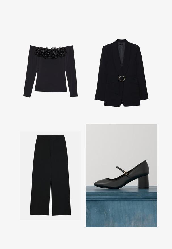 Sort skræddersyet blazer med sjalskrave, belte i taljen med en guldfarvet metalspænde og to forlommer. Glat stofstruktur.; Sort off-shoulder top med lange ærmer, der har en tekstureret blomsterkant i sort velour langs halsudskæringen.; Breddebenede sorte bukser lavet af et glat stof. Har en flad talje med bæltestropper og ingen synlige lommer. Simpelt design.; Sort Mary Jane-sko med blokhæl og guldfarvet spænde, svævende over et glat betongulv i en minimalistisk indendørs setting.