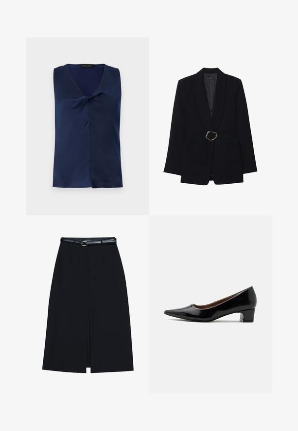 Veste noire ajustée avec un col châle, taille ceinturée dotée d'une boucle en métal doré et deux poches avant. Texture de tissu lisse.; Blouse bleu marine sans manches avec col en V et détail subtil de torsion à l'avant, pliée soigneusement sur un fond clair uni.; Jupe noire à mi-cuisse avec une fente frontale, fabriquée en tissu lisse. Comprend une fine ceinture noire avec une boucle en argent et des passants.; Escarpin à talon bas en cuir verni noir, bout pointu et talon bloc courbé, présenté de profil sur un fond clair uni.