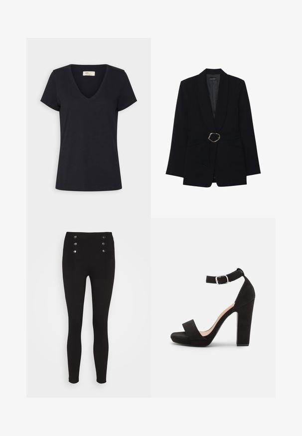 Veste noire ajustée avec un col châle, taille ceinturée dotée d'une boucle en métal doré et deux poches avant. Texture de tissu lisse.; T-shirt noir à manches courtes avec col en V, ourlet droit et petite étiquette de marque à l'intérieur du col.; Leggings noirs avec taille haute, ornés de quatre boutons métalliques à l'avant. Fabriqués en matériau extensible, ils présentent un design élégant et ajusté.; Anna Field by Zalando Sandales - black