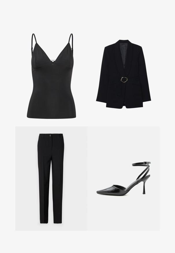 Sort skræddersyet blazer med sjalskrave, belte i taljen med en guldfarvet metalspænde og to forlommer. Glat stofstruktur.; Sort, tætsiddende camisole med justerbare tynde stropper, V-halsudskæring, sømløst design og glat tekstur. Lavet af et blødt, strækbart materiale.; Sorte skræddersyede bukser med lige ben-design, der har en knaplukning og bæltestropper, lavet af glat stof.; Sort spids højhælet sko med tynde ankelremme og sølvspænde på en ensfarvet lys baggrund.