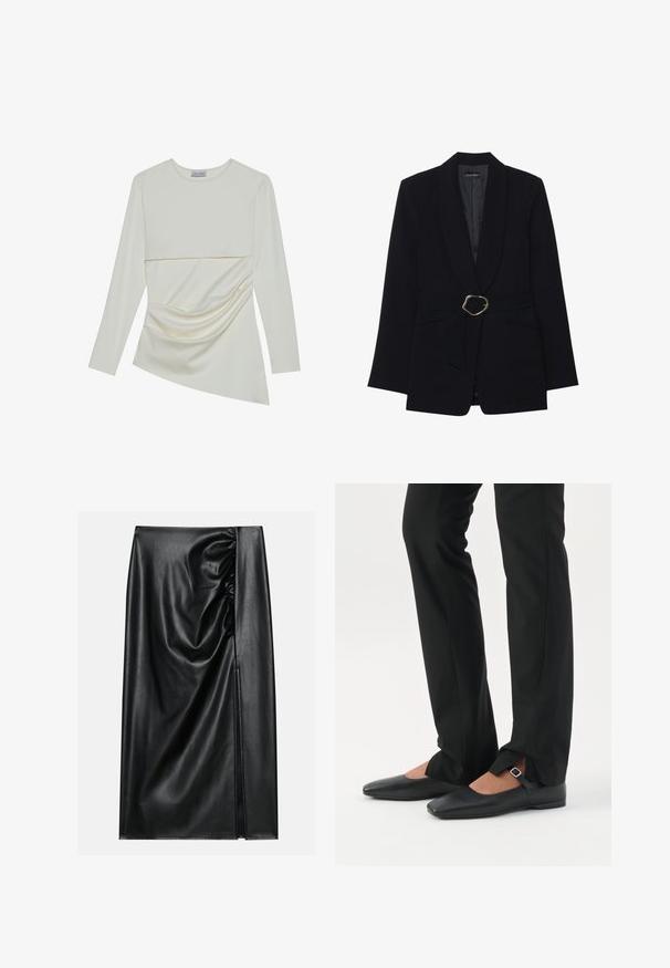 Black tailored blazer with a shawl collar, belted waist featuring a gold-tone metal buckle, and two front pockets. Smooth fabric texture.; Long-sleeve cream top with a round neckline, featuring a layered design and gathered detail on the lower section. Soft fabric with a smooth texture.; Black leather skirt with a smooth texture, featuring a gathered section on one side and a side slit for added detail.; Legs wearing black slim pants with front slits at the hem paired with black flat Mary Jane shoes featuring a small buckle strap.