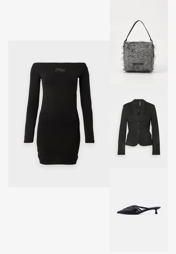 Zwarte op maat gemaakte blazer met een reverskraag, twee voorzakken en een enkele knoopsluiting. Gladde stof met een getailleerde snit.; Zwarte off-the-shoulder jurkje met lange mouwen, aansluitend ontwerp, gemaakt van zachte stof, met versierde tekst op de borst.; Zwarte geweven leren mule met puntige neus, lage kittenhak en gevlochten banddetail op een witte achtergrond.; Geweven zwart-witte visgraat tas met franje randen, voorzien van een dunne schouderband en een logo aan de voorkant.