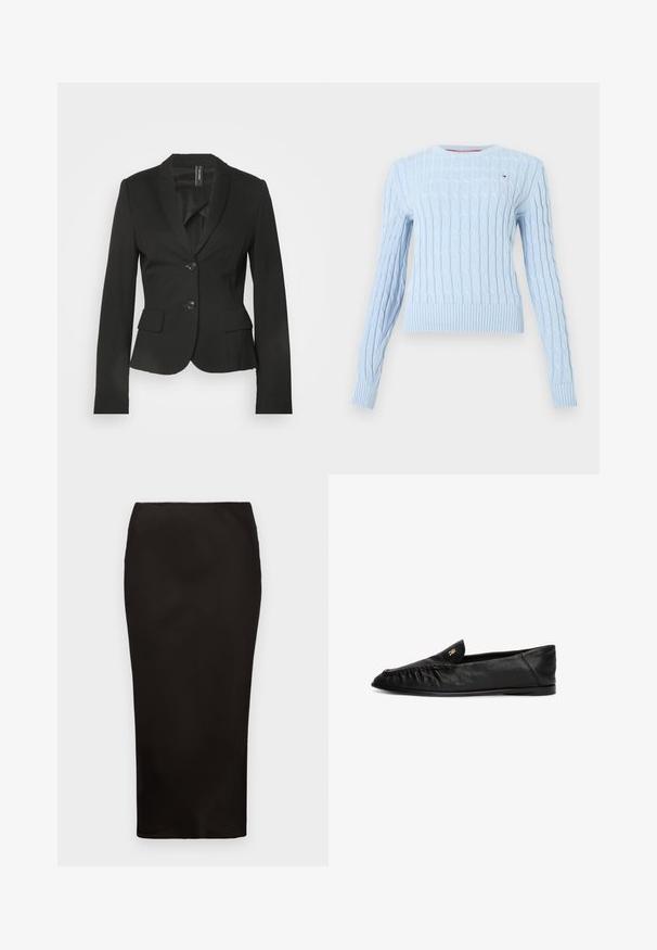 Blazer noir ajusté avec col à revers, deux poches avant et une fermeture à un bouton. Tissu lisse avec une silhouette cintrée.; Pull en tricot bleu clair avec un motif texturé, col rond, et poignets et ourlet côtelés. Présente un petit logo sur la poitrine.; Jupe crayon noire, longueur genoux, en tissu lisse avec une taille élastique, présentant un design simple et minimaliste sans matériaux visibles.; Chaussures noires en cuir à enfiler avec un bout pointu, présentant un design froncé à l'avant et un petit accent en métal doré. Semelle plate.