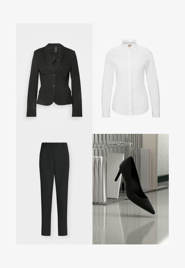 Blazer noir ajusté avec col à revers, deux poches avant et une fermeture à un bouton. Tissu lisse avec une silhouette cintrée.; Chemise blanche à manches longues, en coton crisp, avec un col classique, une patte de boutonnage à l'avant et une coupe ajustée. Texture lisse, sans motifs.; Pantalon noir slim fit avec passants de ceinture, fermeture éclair devant et jambes droites, présenté sur fond blanc.; Chaussure noire à talons hauts équilibrée sur son talon sur un comptoir réfléchissant près de porte-dossiers métalliques avec des dossiers blancs.