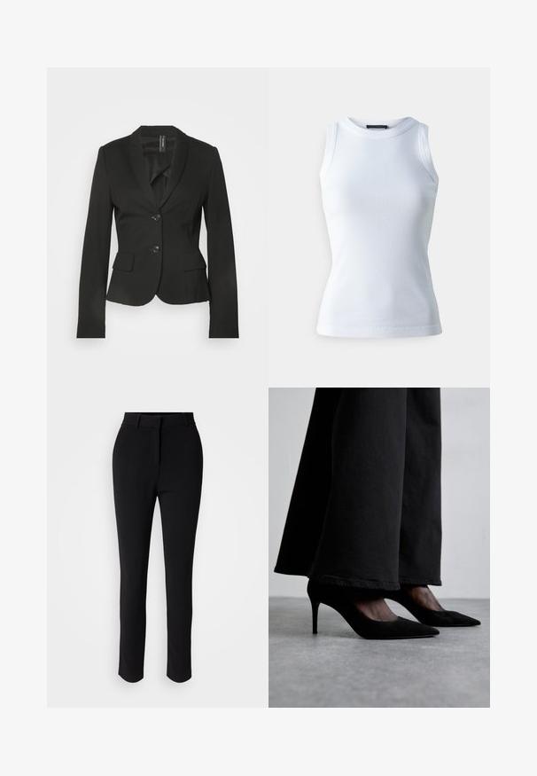 Blazer noir ajusté avec col à revers, deux poches avant et une fermeture à un bouton. Tissu lisse avec une silhouette cintrée.; T-shirt sans manches blanc en tissu côtelé, avec un col rond et une silhouette ajustée. Texture lisse, sans motifs ni accents visibles.; Pantalons noirs ajustés avec une texture lisse, dotés de passants de ceinture et d'un pli avant ; design ajusté avec des jambes droites.; Des chaussures à talons hauts en suede noir avec des bouts pointus, portées avec un pantalon large noir, présentent un design élégant et un léger éclat.