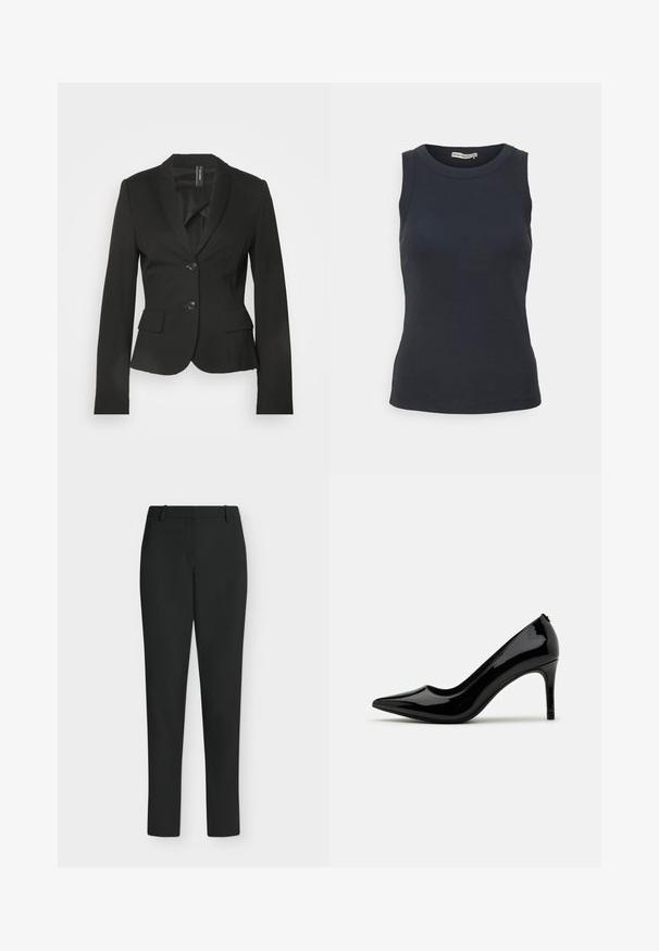 Blazer noir ajusté avec col à revers, deux poches avant et une fermeture à un bouton. Tissu lisse avec une silhouette cintrée.; Débardeur en coton bleu marine, avec un col rond et une conception sans manches. Texture lisse avec une silhouette ajustée.; Pantalon noir slim fit avec passants de ceinture, fermeture éclair devant et jambes droites, présenté sur fond blanc.; Pump à talon haut en cuir verni noir avec un bout pointu et une silhouette épurée, présentant une texture lisse et un design minimaliste.