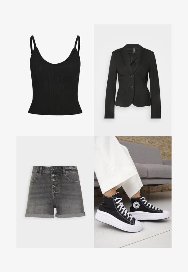 Sort skræddersyet blazer med slagkrave, to for- lommer og enkelt knappelukning. Glat stof med en tætsiddende silhuet.; Sort ribbet tanktop med tynde stropper, V-hals, tætsiddende form og tekstureret stof. Ingen yderligere mønstre eller detaljer synlige.; ONLY ONLHUSH HW BOX - Denimshorts - grey; Sorte sneakers med højt skaft, hvide gummisåler og snørebånd. Har en rund logo-patch og kontrasterende hvide syninger. Fremstillet af lærredsmateriale.