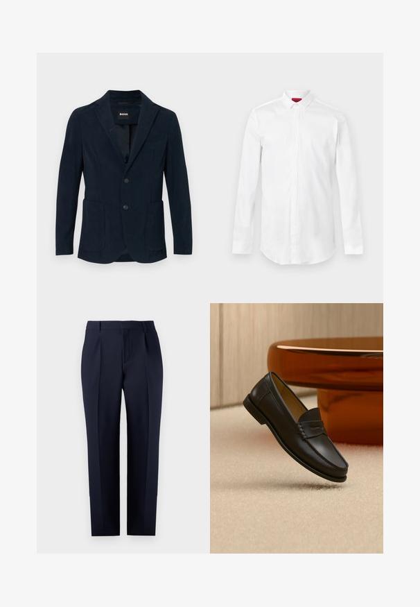 Marineblauwe corduroy blazer met een notch lapel, twee voorzakken, een twee knopen sluiting en een enkele borstzak.; Witte lange mouwen overhemd met een spitse kraag en verborgen knoopsluiting, weergegeven tegen een effen lichte achtergrond.; Marineblauwe tailored broek gemaakt van gestructureerde stof, met een rechte pasvorm, voorplooien en een klassieke tailleband met riemlussen.; Zwarte leren loaferschoen zwevend boven een beige tapijt met amberkleurige moderne meubels op de achtergrond.