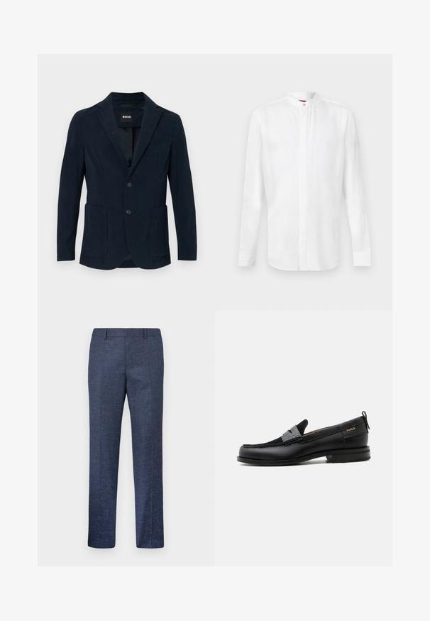 Marineblauwe corduroy blazer met een notch lapel, twee voorzakken, een twee knopen sluiting en een enkele borstzak.; Wit overhemd met lange mouwen, een bandkraag en een verborgen knoopsluiting, afgebeeld tegen een effen lichte achtergrond.; Heren rechte marineblauwe formele broek met riemlussen, voorplooi en een subtiel gestructureerd stofpatroon.; Zwarte leren loafer met grijs riemdetailelement, lage hak en gestructureerde zool, aan de zijkant gebrandmerkt met "HUGO" in goud.