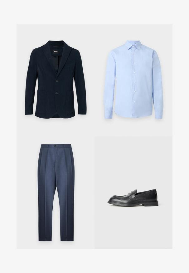 Blazer en velours côtelé bleu marine avec revers cranté, deux poches frontales, fermeture à deux boutons et une poche poitrine.; Chemise bleu clair à manches longues avec col pointu, manches retroussées et ourlet droit sur fond uni.; Pantalon de costume pour homme sur mesure bleu marine avec plis avant, taille boutonnée, et jambes fuselées étroites sur fond blanc.; Mocassins en cuir noir avec une finition texturée, dotés d'une bride décorative à l'avant et d'un bout arrondi. Semelle en caoutchouc pour plus de durabilité.